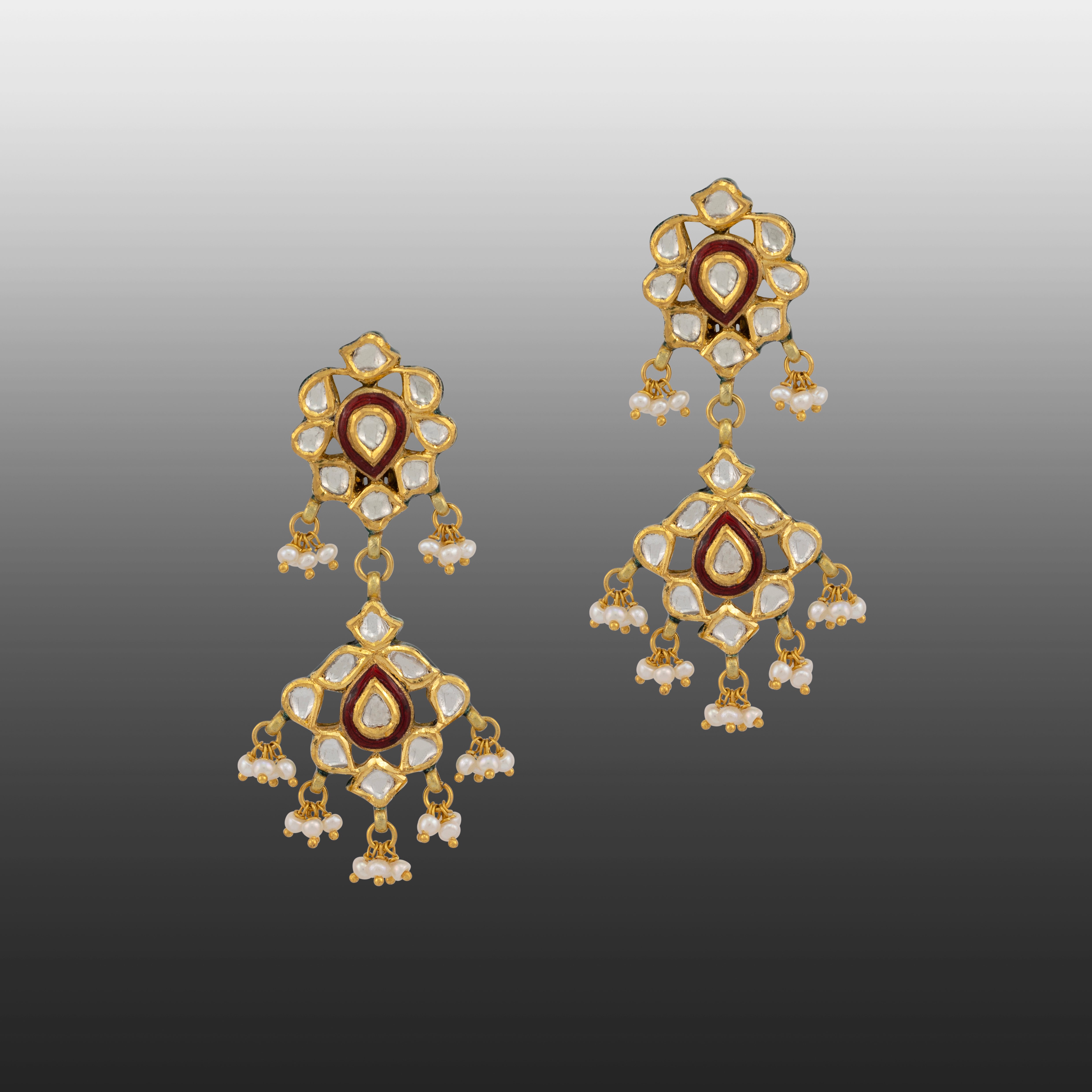 Polki Chandelier Earrings with Red Enamel and Pearl Clusters